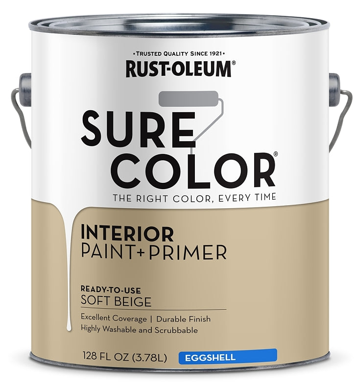 Rust-Oleum Sure Color 380222 Interior Wall Paint, Eggshell, Soft Beige, 1 gal, Can, 400 sq-ft Coverage Area