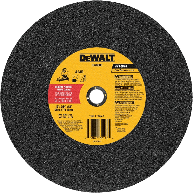 DeWALT DW8005 Cutting Wheel, 10 in Dia, 7/64 in Thick, 5/8 in Arbor, 24 Grit, Very Coarse, Aluminum Oxide Abrasive