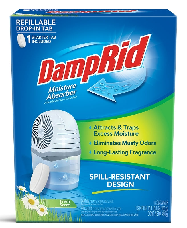 DampRid FG96FSSB Reusable Drop-In Tab Moisture Absorber Starter Kit, 15.8 oz Tablet, Solid, Fresh