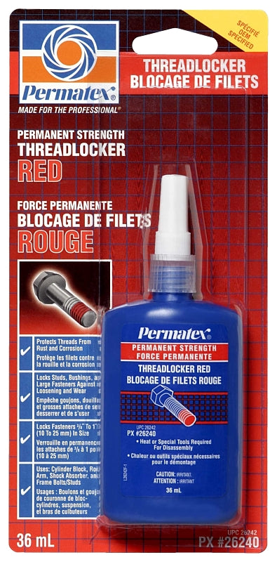 Permatex 26242 High-Strength Threadlocker, 36 mL Bottle, Liquid, Red