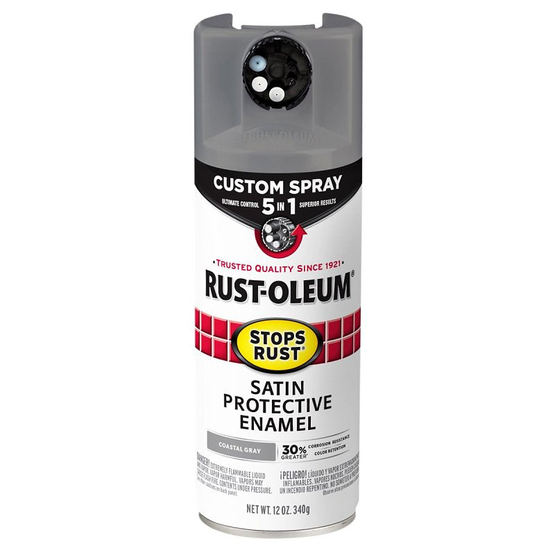 Stops Rust 376872 5-In-1 Enamel Paint, Satin, Coastal Gray, 12 oz, Aerosol Can