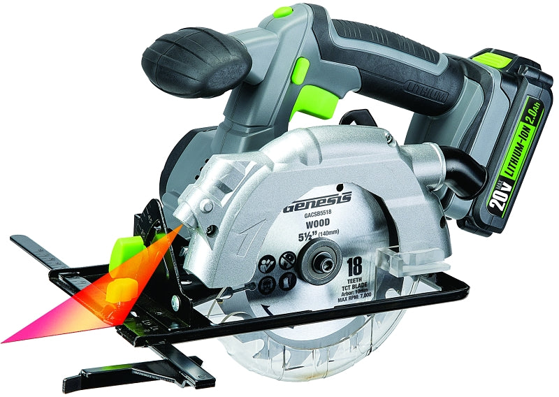 Genesis GLCS2055A Circular Saw, Battery Included, 20 V, 2 Ah, 5-1/2 in Dia Blade, 45 deg Bevel