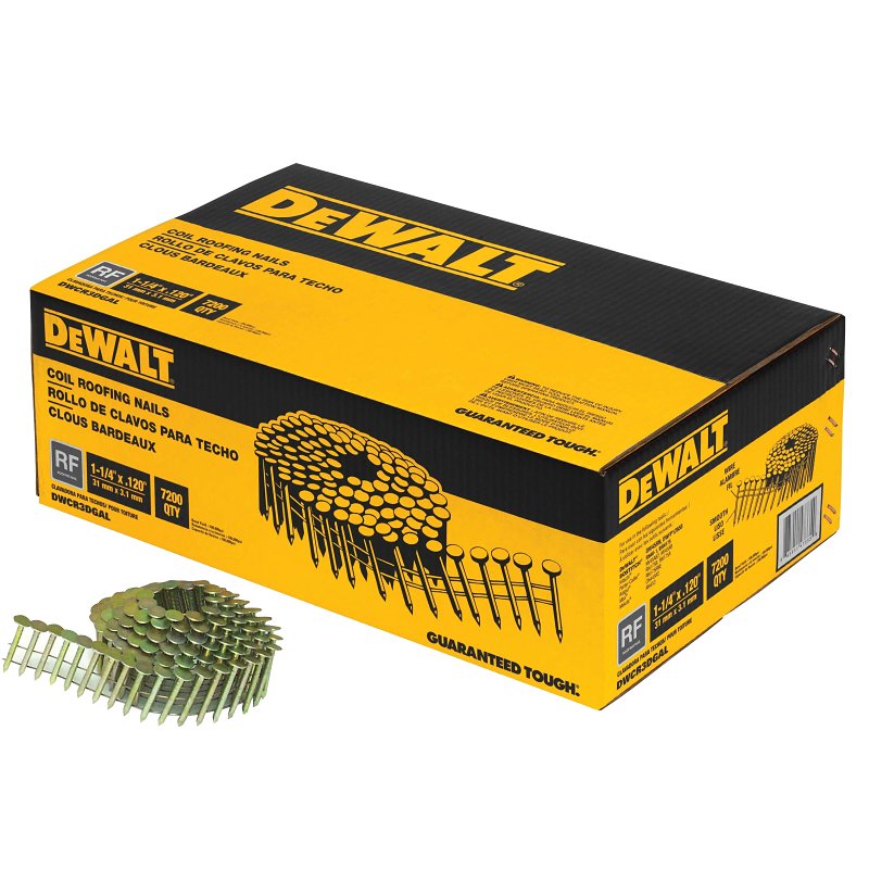DEWALT DWCR3DGAL Coil Roofing Nail, 1-1/4 in L, Wide Head, 0.12 ga, Steel