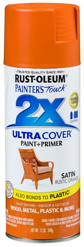 Rust-Oleum Painter's Touch 2X Ultra Cover 334089 Spray Paint, Satin, Rustic Orange, 12 oz, Aerosol Can