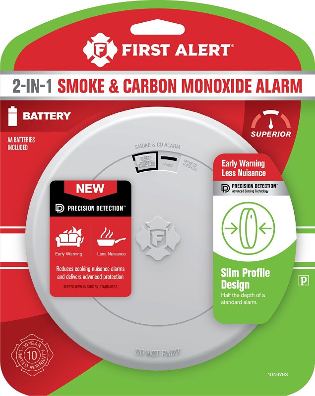 First Alert 1046793 Smoke and Carbon Monoxide Alarm with Slim Profile Design, 85 dBA, Photoelectric Sensor, White