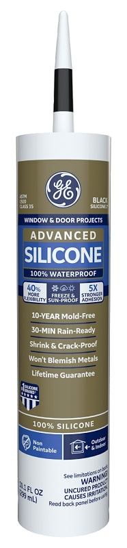 GE Advanced Silicone 2 2813670 Window & Door Sealant, Black, 24 hr Curing, 10.1 fl-oz Cartridge