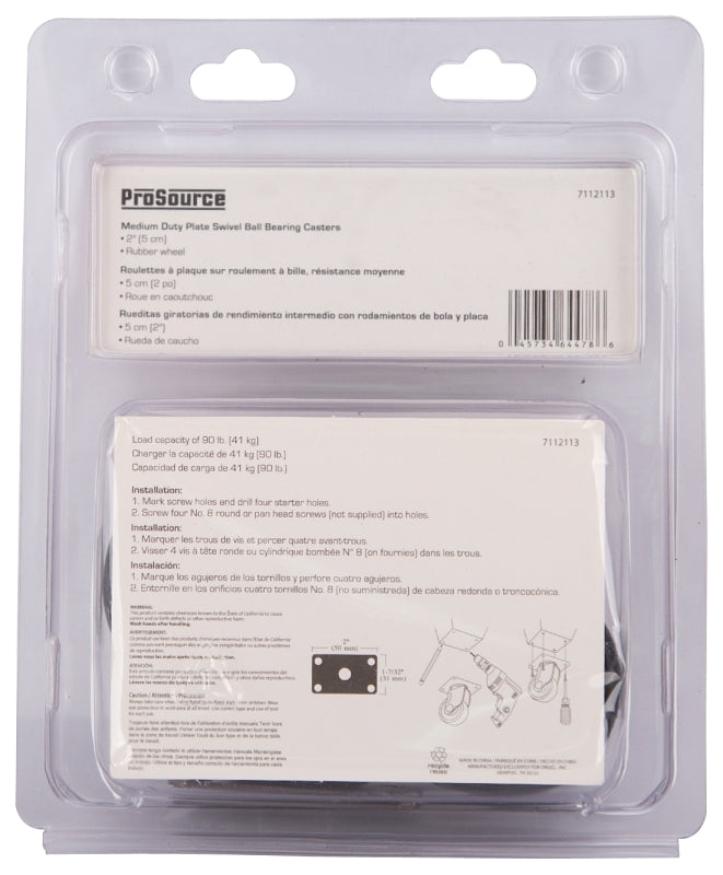 ProSource JC-D06-PS Swivel Caster, 2 in Dia Wheel, 3/4 in W Wheel, Rubber Wheel, Black, 90 lb, Steel Housing Material