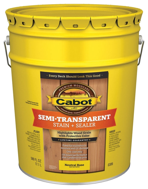 Cabot 300 Series 140.0000306.008 Exterior Stain, Semi-Transparent, Neutral Base, Liquid, 5 gal, Pail