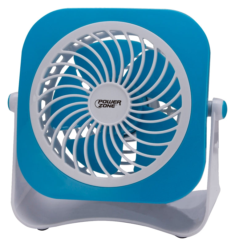 PowerZone QT-U403B Tabletop Fan, 5 VDC, 4 in Dia Blade, 5-Blade, 2-Speed, 48 in L Cord, White/Blue OR White/Red