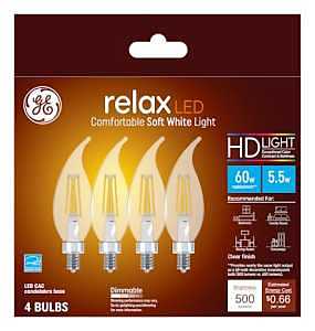 GE Industrial Solutions 43227 LED Bulb, Decorative, CAC Lamp, E12 Lamp Base, Dimmable, Clear, Soft White Light