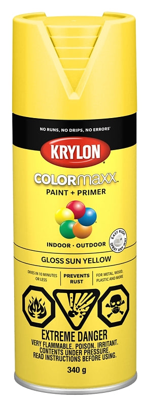 Krylon COLORmaxx K05541007 Spray Paint, Gloss, Sun Yellow, 12 oz, Aerosol Can