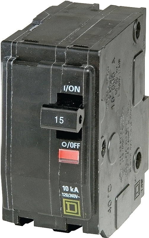 Square D QO QO215CP Circuit Breaker, Mini, 15 A, 2 -Pole, 120/240 VAC, 48 VDC, Plug Mounting, Black