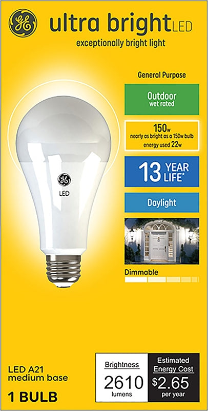 GE Ultra Bright 93129363 Light Bulb, A21 Lamp, 150 W Equivalent, Medium (E26) Lamp Base, Dimmable, Daylight