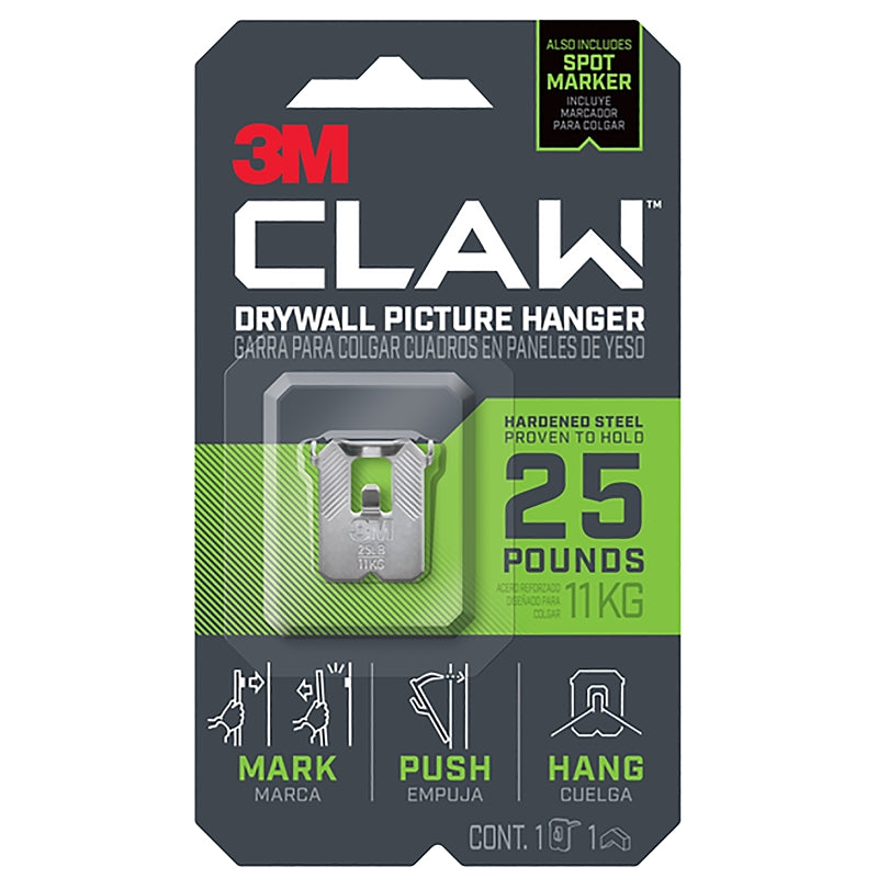 3M CLAW 3PH25M-1ES Drywall Picture Hanger, 25 lb, Steel, Push-In Mounting, 1/PK