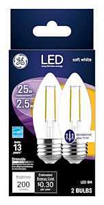 GE 22589 LED Bulb, Decorative, BM Lamp, 25 W Equivalent, Medium Lamp Base, Dimmable, Soft White Light, 2700 K Color Temp