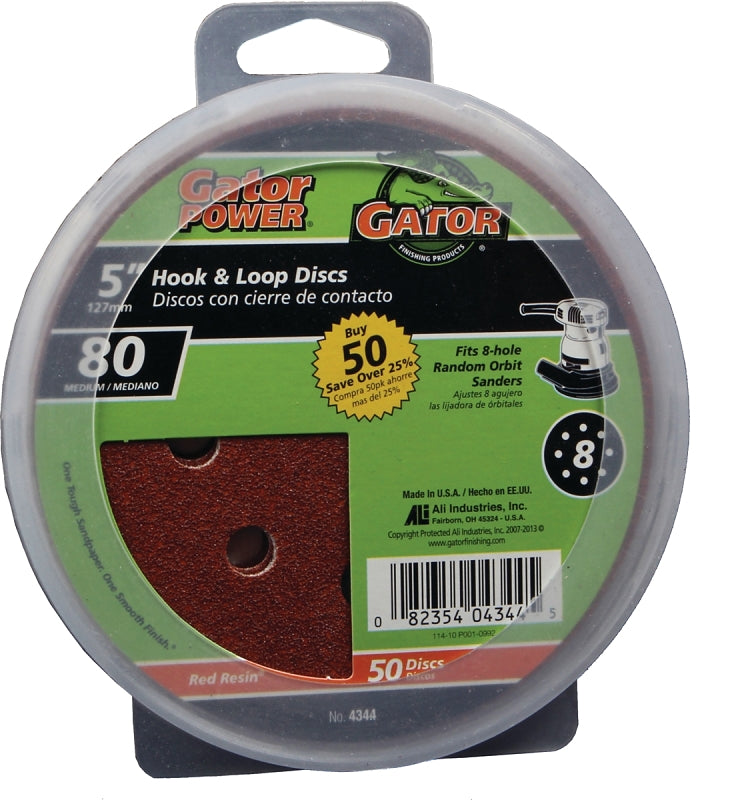 Gator 4344 Sanding Disc, 5 in Dia, 80 Grit, Medium, Aluminum Oxide Abrasive, Vented