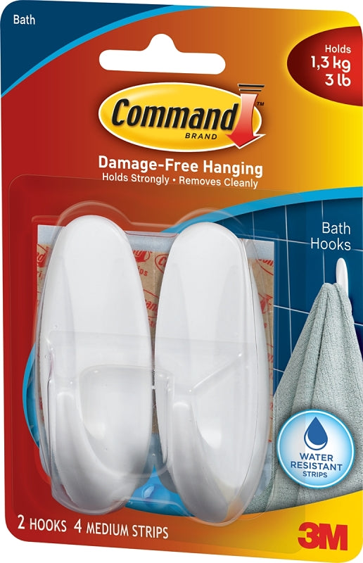 Command 17081B Designer Hook, 5/8 in Opening, 3 lb, 2-Hook, Plastic, White, 2/PK