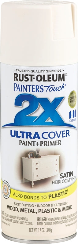 Rust-Oleum Painter's Touch 2X Ultra Cover 334071 Spray Paint, Satin, Heirloom White, 12 oz, Aerosol Can