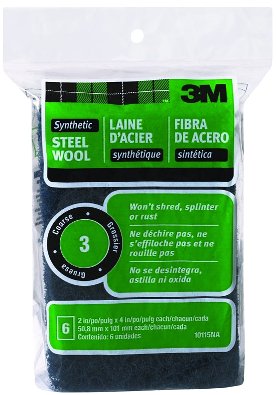 3M 10115 Steel Wool, 4 in L, 2 in W, #3 Grit, Coarse, Black