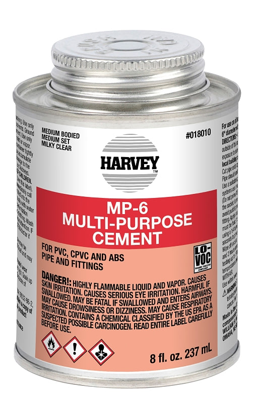 Harvey 18010-24 Solvent Cement, 8 oz Can, Liquid, Milky Clear