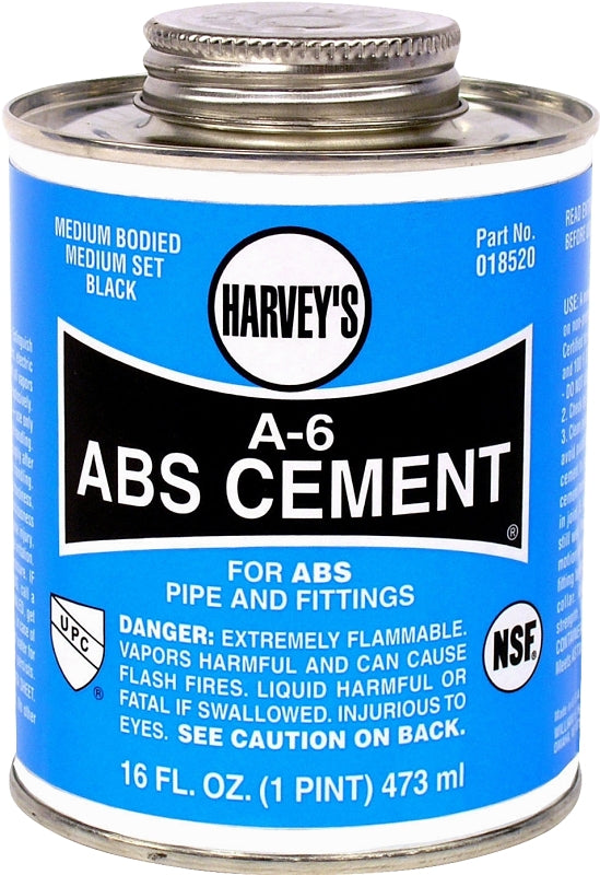 Harvey A-6 Series 18520-12 Solvent Cement, Opaque Liquid, Black, 16 oz Can