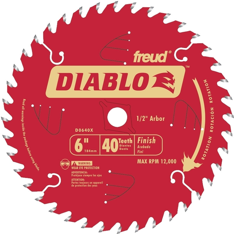 Diablo D0640X Circular Saw Blade, 6 in Dia, 1/2 in Arbor, 40-Teeth, Carbide Cutting Edge