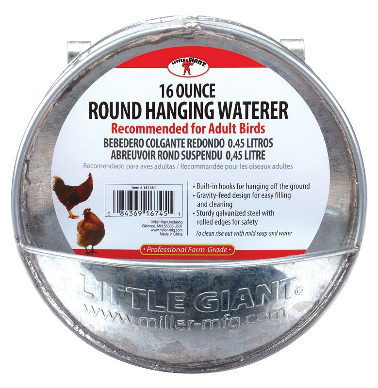 Little Giant 167451 Poultry Waterer, 1 pt Capacity, Galvanized Steel, Hanging Mounting