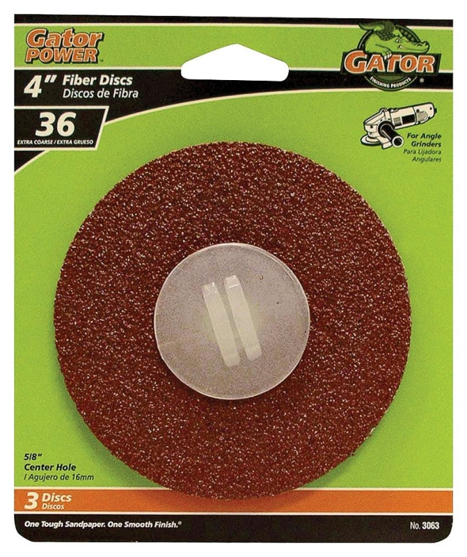 Gator 3063 Fiber Disc, 4 in Dia, 36 Grit, Extra Coarse, Aluminum Oxide Abrasive, Fiber Backing