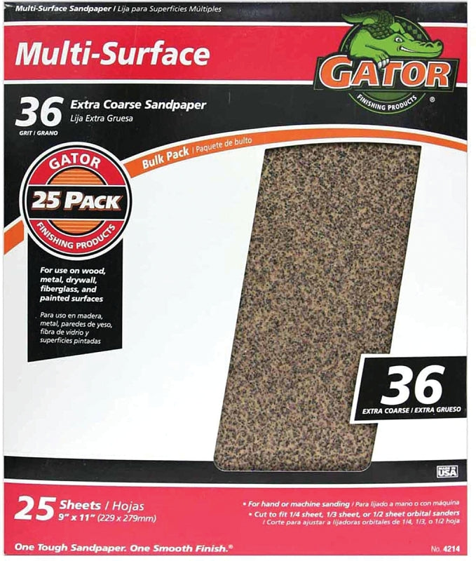 Gator 3269 Sanding Sheet, 11 in L, 9 in W, 36 Grit, Extra Coarse, Aluminum Oxide Abrasive