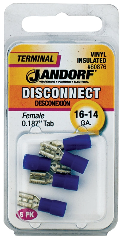 Jandorf 60876 Disconnect Terminal, 16 to 14 AWG Wire, Vinyl Insulation, Copper Contact, 5/PK