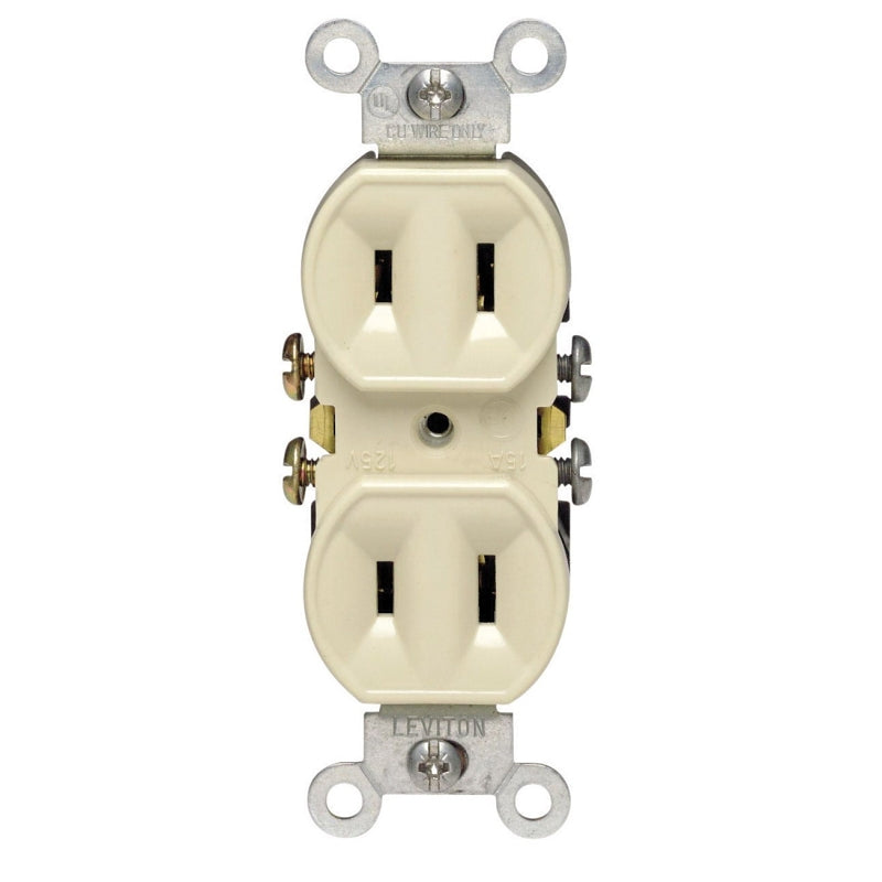 Leviton 006-00223-00I Duplex Receptacle, 2 -Pole, 15 A, 125 V, Side Wiring, NEMA: 5-15R, Ivory