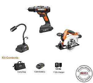 WORX WX959L Combination Kit, Battery Included, 20 V, 3-Tool, Lithium-Ion Battery