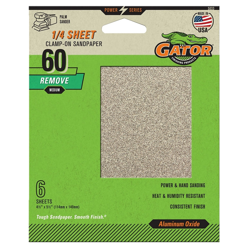 Gator 5033 Sanding Sheet, 4-1/2 in W, 5-1/2 in L, 60 Grit, Coarse, Aluminum Oxide Abrasive, Paper Backing