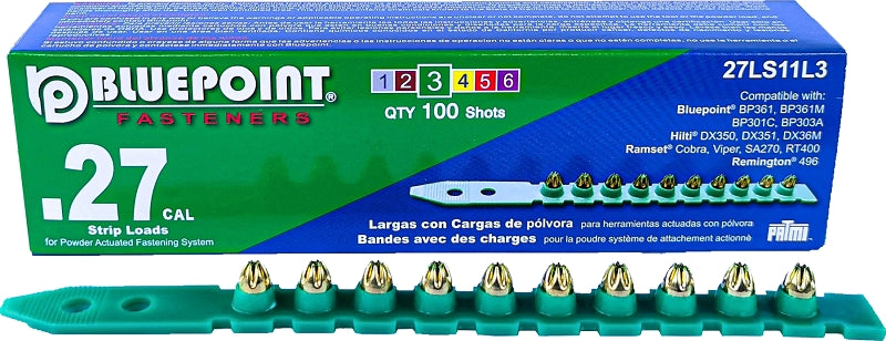 Blue Point Fasteners 27LS11L3 Low Velocity Load, 0.27 Caliber, Power Level: #3, Green Code, 6.8 mm Dia, 11 mm L