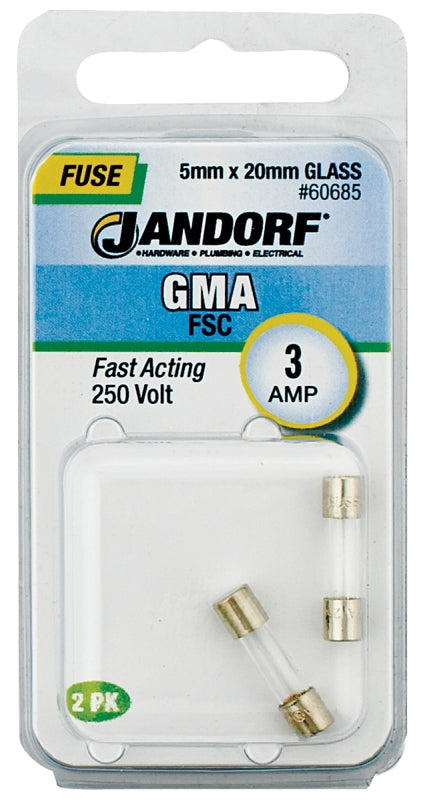 Jandorf 60685 Fast Acting Fuse, 3 A, 250 V, 100 A, 10 kA Interrupt, Glass Body