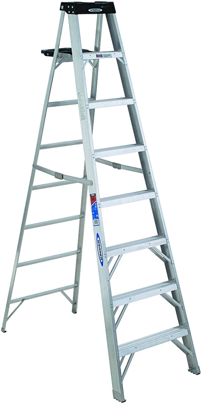 WERNER 378 Step Ladder, 8 ft Max Reach H, 7-Step, 300 lb, Type IA Duty Rating, 3 in D Step, Aluminum, Black