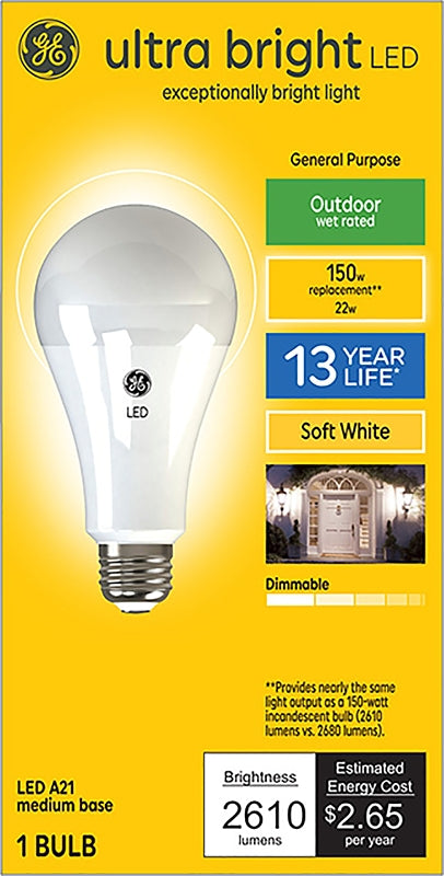 GE Ultra Bright 93129366 Light Bulb, A23 Lamp, 150 W Equivalent, Medium (E26) Lamp Base, Dimmable, Soft White Light