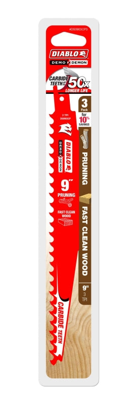 Diablo DS0903CP3 Reciprocating Saw Blade, 9 in L, 3 TPI, Carbide Cutting Edge, 3/PK