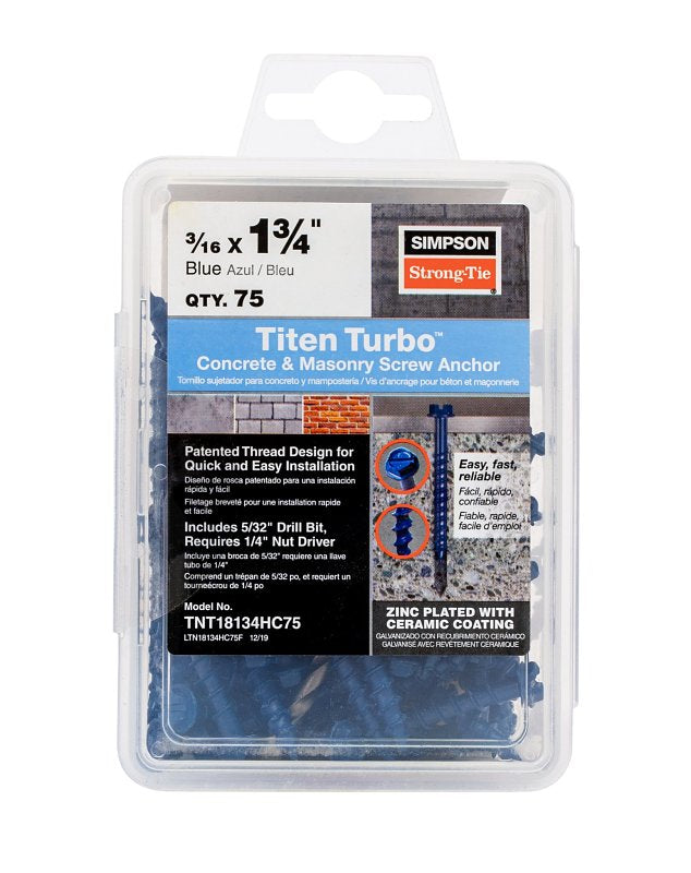 Simpson Strong-Tie Titen Turbo TNT18134HC75 Screw Anchor, 3/16 in Dia, 1-3/4 in L, Carbon Steel, Ceramic-Coated/Zinc