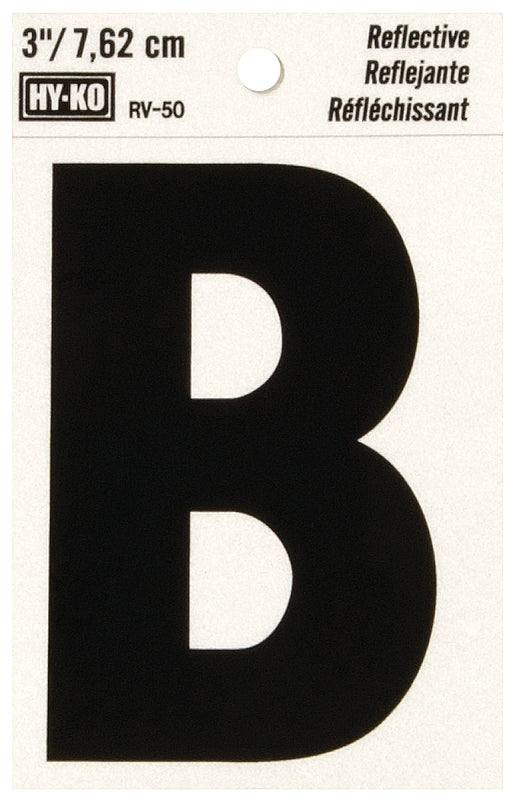 Hy-Ko RV-50/B Reflective Letter, Character: B, 3 in H Character, Black Character, Silver Background, Vinyl