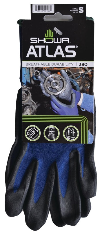 Showa 380S-06.RT Coated Gloves, S, 8-21/32 to 10-15/64 in L, Elastic Cuff, Nitrile Foam Coating, Black/Blue