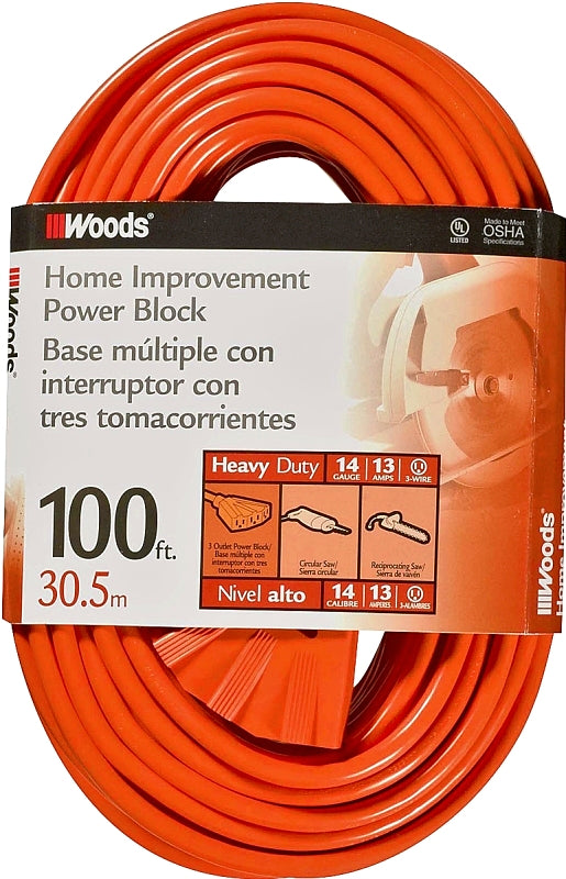 Woods 0827 Extension Cord, 14 AWG Cable, 100 ft L, 13 A, 125 V, Orange