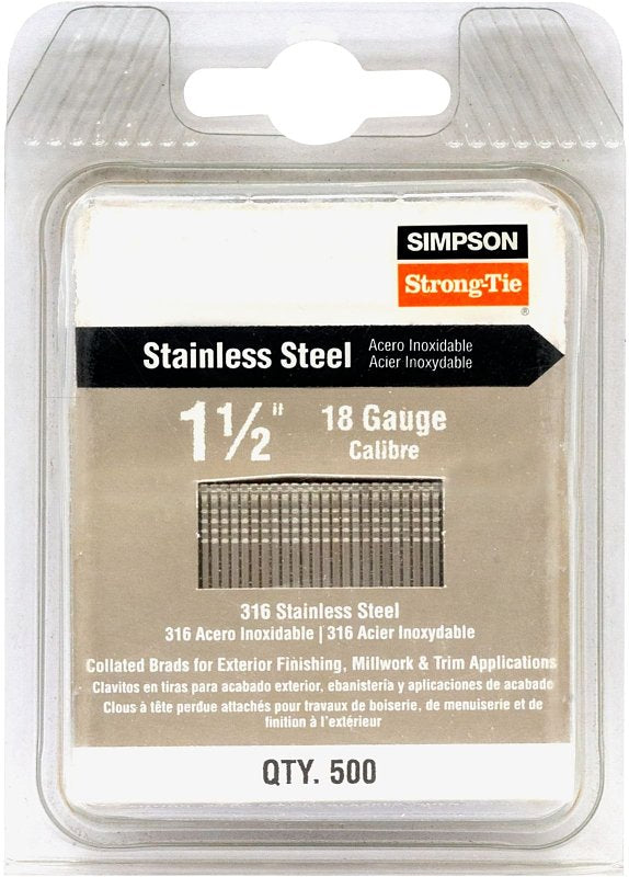 Simpson Strong-Tie T18N150FNB Collation Nail, 1-1/2 in L, 18 ga Gauge, Stainless Steel, Smooth, T-Style Head