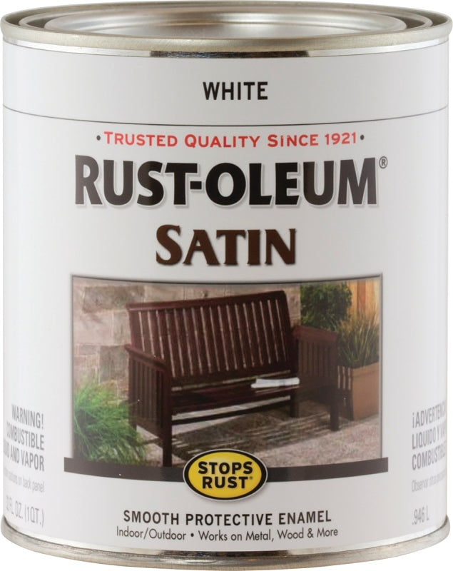 Rust-Oleum 7791502 Enamel Paint, Satin, White, 1 qt, Can, 60 to 100 sq-ft/qt Coverage Area