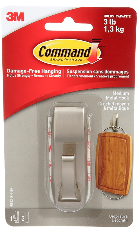 Command MR02-BN-EF Bath Hook, 3 lb, 1-Hook, Metal, Brushed Nickel