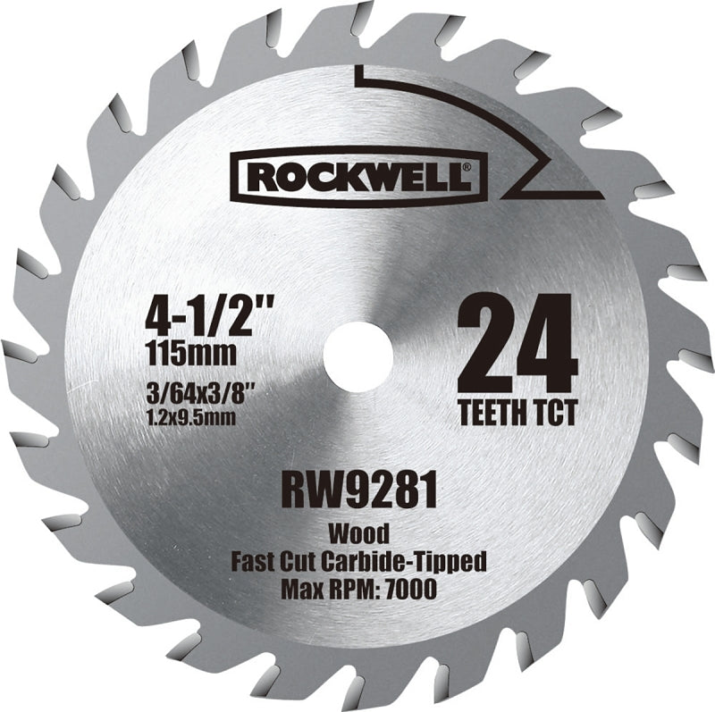 Rockwell RW9281 Circular Saw Blade, 4-1/2 in Dia, 3/8 in Arbor, 24-Teeth, Tungsten Carbide Cutting Edge