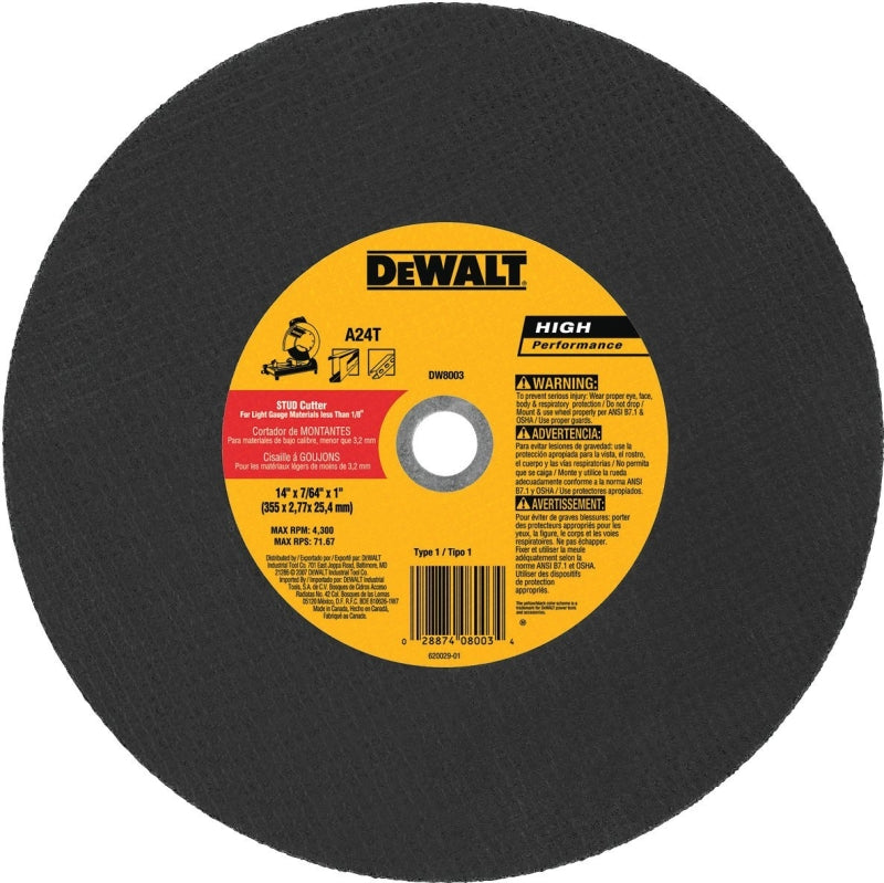 DeWALT DW8003 Cutting Wheel, 14 in Dia, 7/64 in Thick, 1 in Arbor, Coarse, Aluminum Oxide Abrasive
