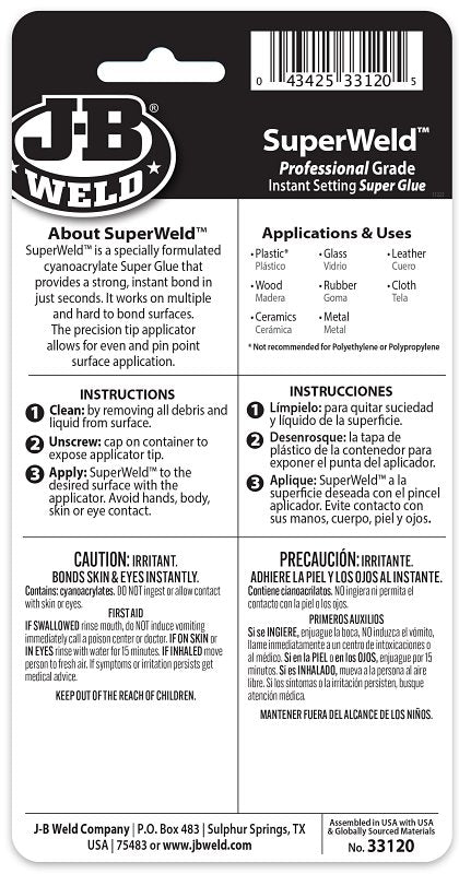 J-B Weld 33120 Super Glue, Liquid, Clear, 20 g, Bottle