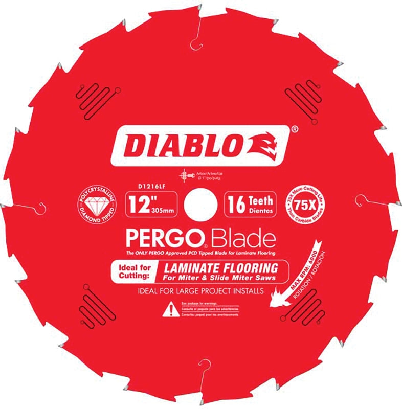 Diablo D1216LF Circular Saw Blade, 12 in Dia, 1 in Arbor, 16-Teeth, Polycrystalline Diamond Cutting Edge