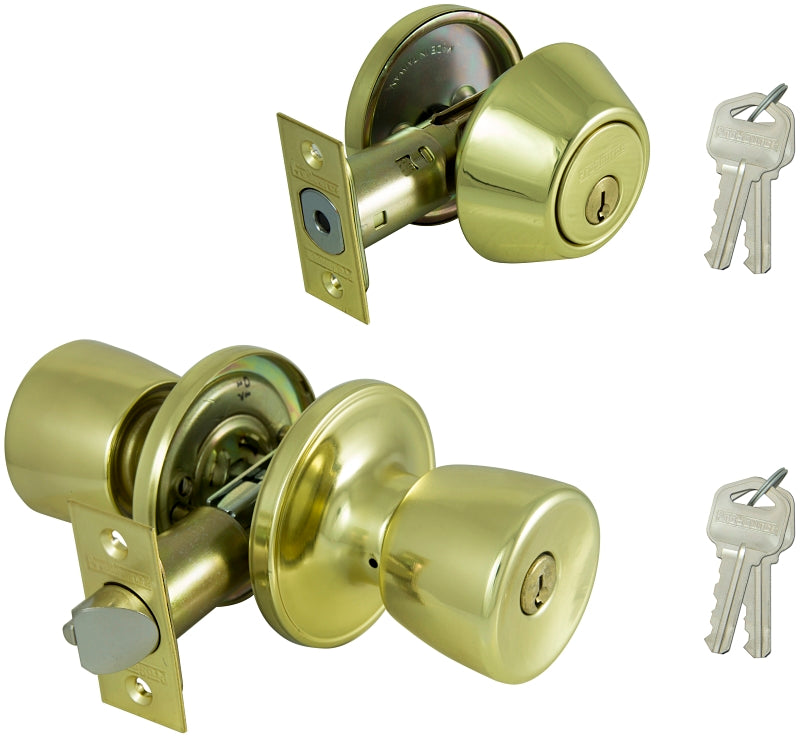 ProSource BS7B1-PS Deadbolt and Entry Lockset, Turnbutton Lock, Knob Handle, Tulip Design, Polished Brass, 3 Grade
